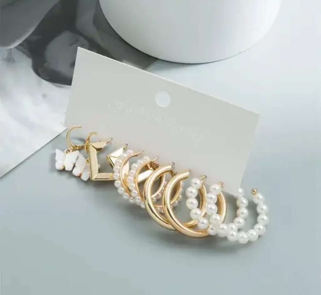 Multi Pair Gold Plated Pearl Hoop Earring Set