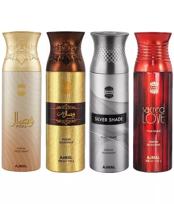 Ajmal Wisal & Wisal Dhahab & Sacred Love & Silver Shade Deodorant Spray For Men 200ml Pack of 4