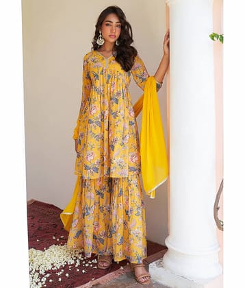 Janasya - Yellow Tiered Flared Georgette Women's Stitched Salwar Suit ( Pack of 1 )