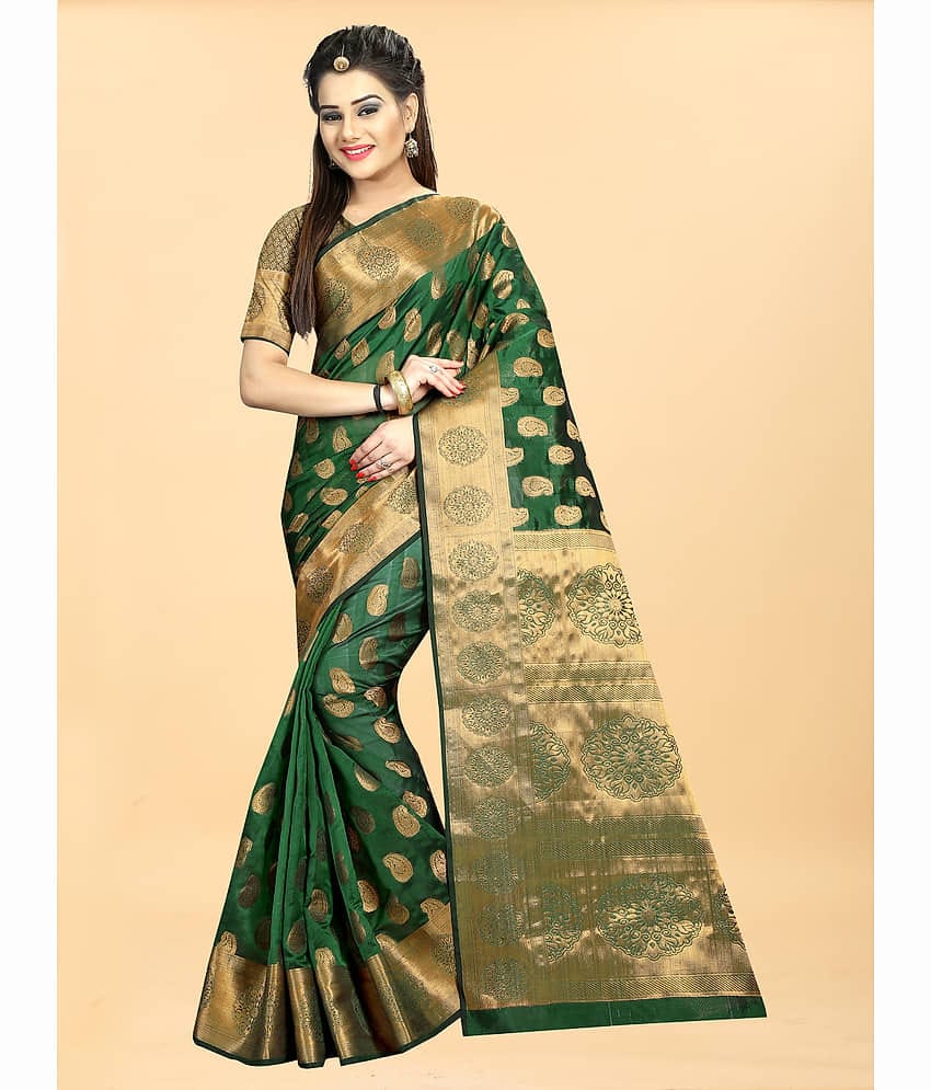 Gazal Fashions Banarasi Silk Embellished Saree With Unstitched Blouse Piece ( Green )