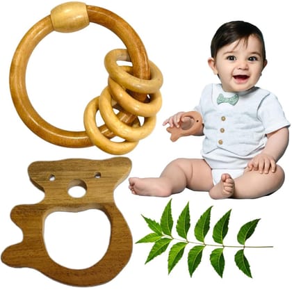 Natural Wooden Baby Teething Ring and Bear Teether Set, Organic Neem Leaf Design Natural Wooden Baby Teething Ring and Bear Teether Set, Organic Neem Leaf Design