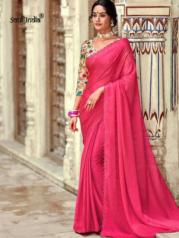 Chiffon Crystal Embellished Saree With Lace - Pink