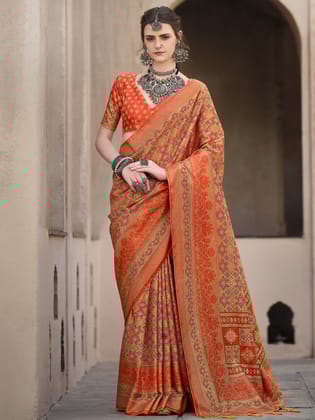 Orange Pure Crepe Printed Patola Designer Saree