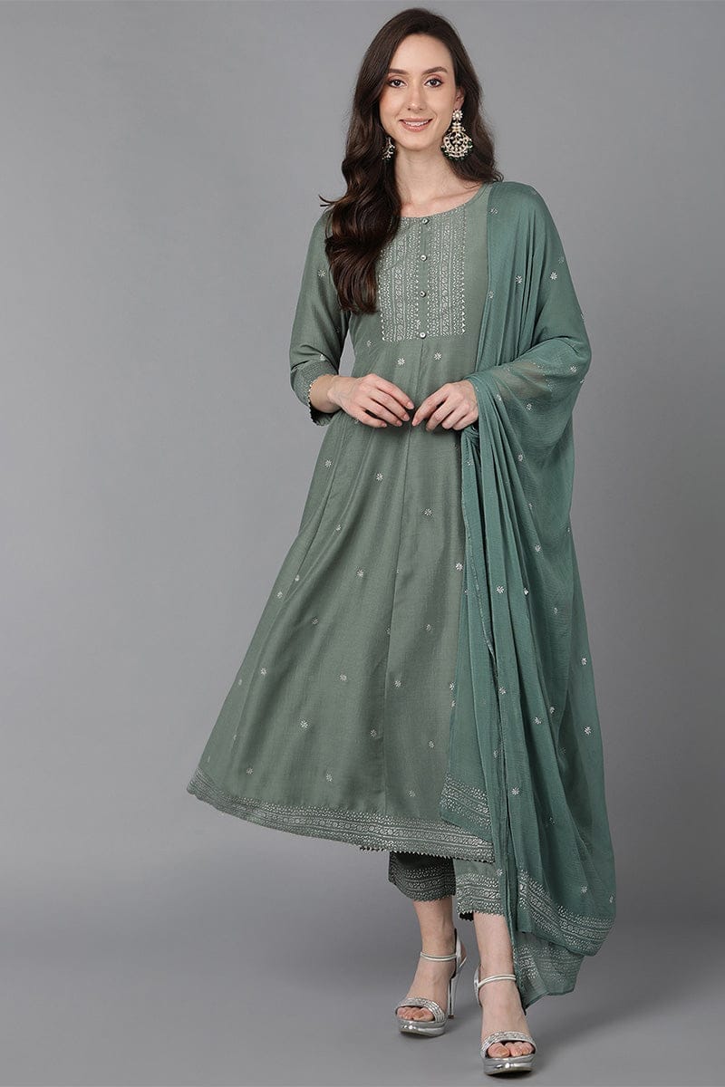 Teal Poly Silk Anarkali Kurta Pant With Dupatta PKSKD1576