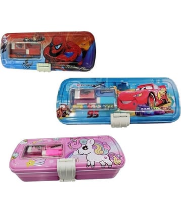 Freedy 1 Set Pencil staionery box for boy printed 1pancil.1spenner,1ereser,1scal Unique Magnetic Geometry Box for kids Art Metal Pencil Box  (Set of 1, Multicolor)(Any One Random Design Will Send)
