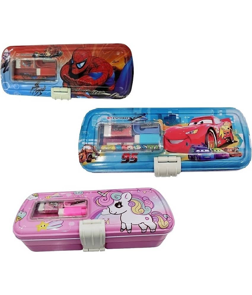 Freedy 1 Set Pencil staionery box for boy printed 1pancil.1spenner,1ereser,1scal Unique Magnetic Geometry Box for kids Art Metal Pencil Box  (Set of 1, Multicolor)(Any One Random Design Will Send)
