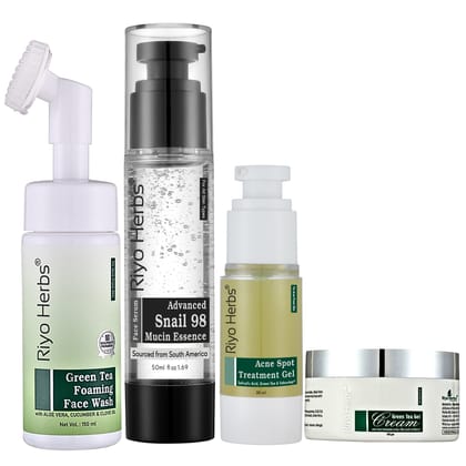 Buy 1 Snail Mucin98 Serum & Get Green Tea Foaming Facewash, Acne Spot Treatment Gel, Green Tea Gel Cream Free