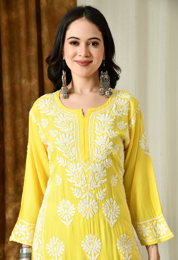 Sunshine Yellow Modal Hand-Embroidered Chikankari Kurta with Elegant White Floral Design