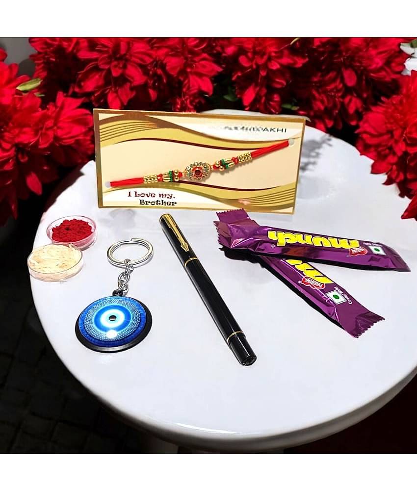 auteur 801 Stylish Black Roller Ball Pen and Designer Rakhi Gift Set for Brother With Evil Eye Keychain, Chocolates, Roli, Mishri and Rice.