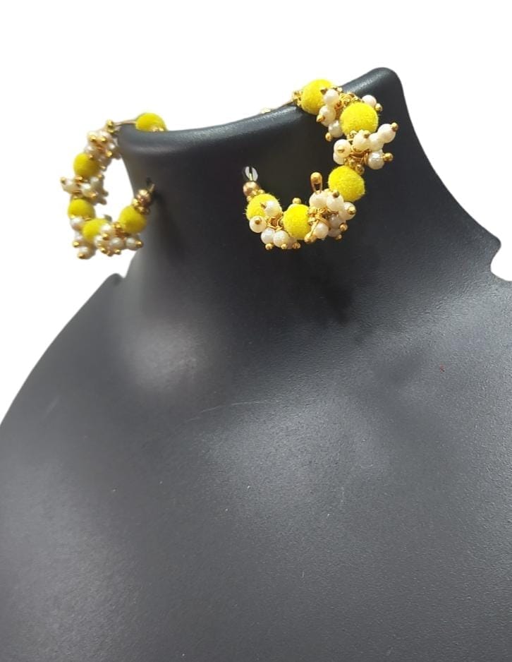 Designer Yellow Velvet Pearl Hoop Earrings
