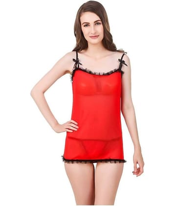 Celosia Net Baby Doll Dresses With Panty - Red