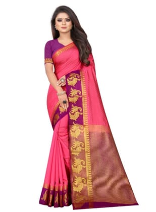 Women's Kanjivaram Silk Saree with Unstitched Blouse Piece (Peach, 5-6 Mtrs)