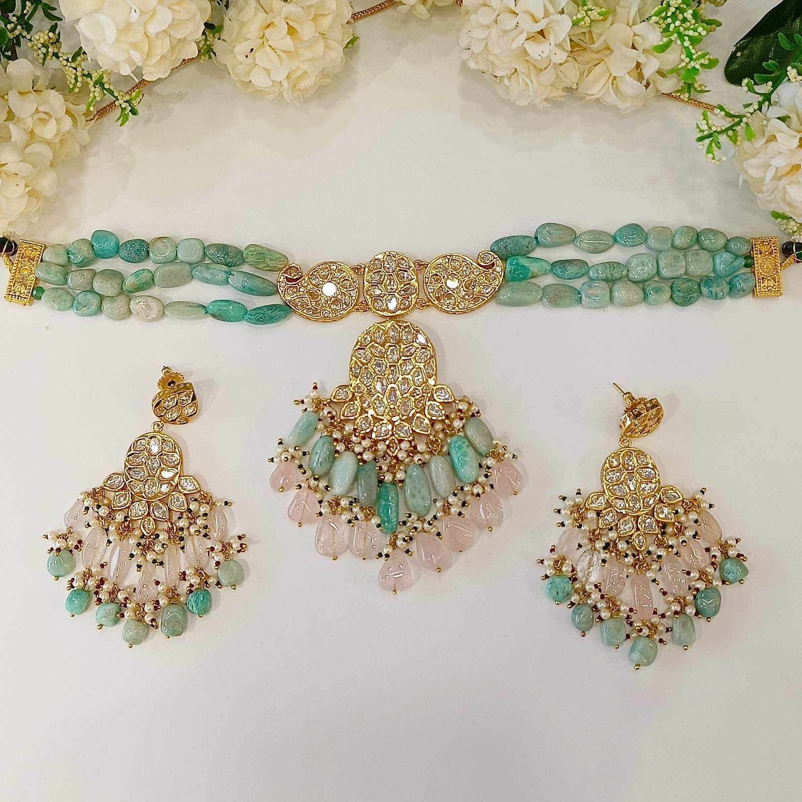 Nayaab alma polki choker-Mint blue