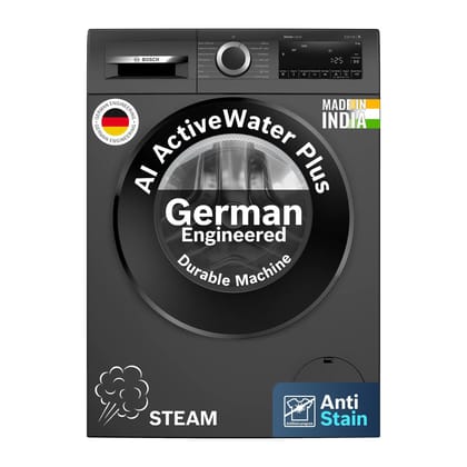 Bosch 9 kg 5 Star Front Load Fully-Automatic Washing Machine, AI ActiveWater, 14 Wash Programs, Removes 99.9% Germs with Steam, No Tangle or Wrinkle, SoftCare Paddle, Black Grey, WGA1420TIN Bosch 9 kg 5 Star Front Load Fully-Automatic Washing Machine, AI