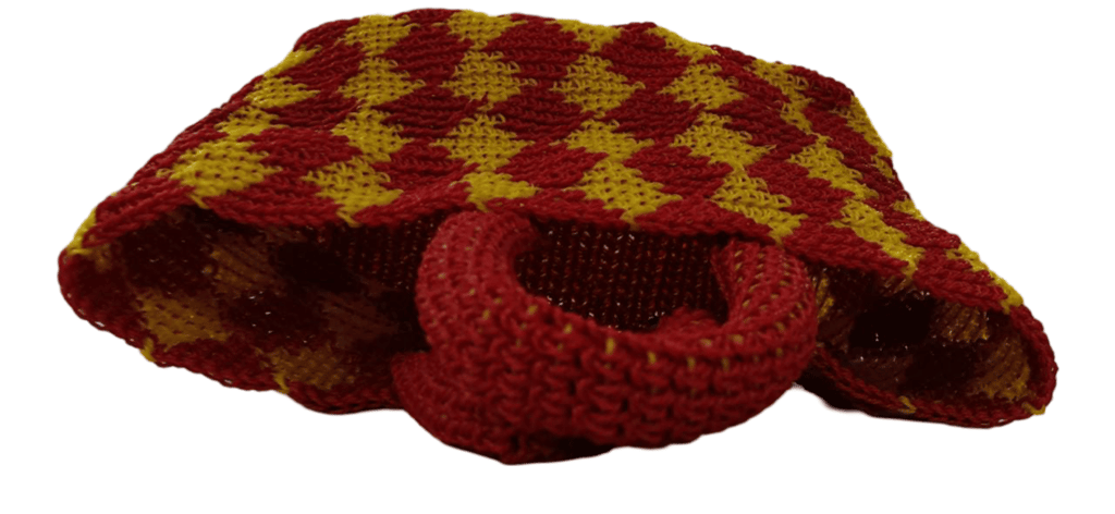 "Handcrafted Jute Tote Bag with Vibrant Red and Yellow Stripes, Perfect for Eco-Friendly Shopping and Everyday Use"