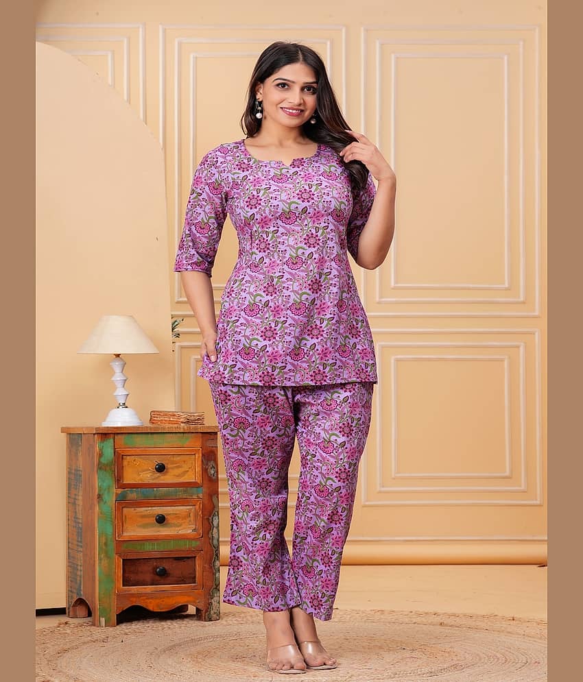 Nevisha Style Women Printed Tunic With Trousers Co-Ord Set ( Purple )