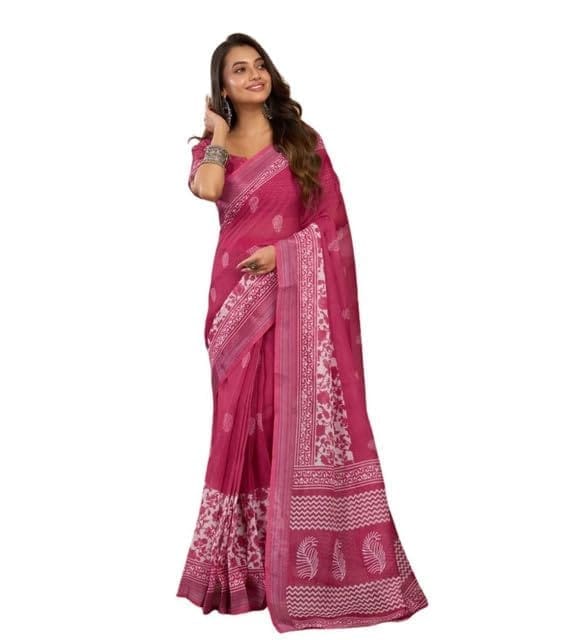 Women's Faux Linen Floral Print Ready to wear Saree With Unstitched Blouse 5.5Mtr (Pink)-PID65901