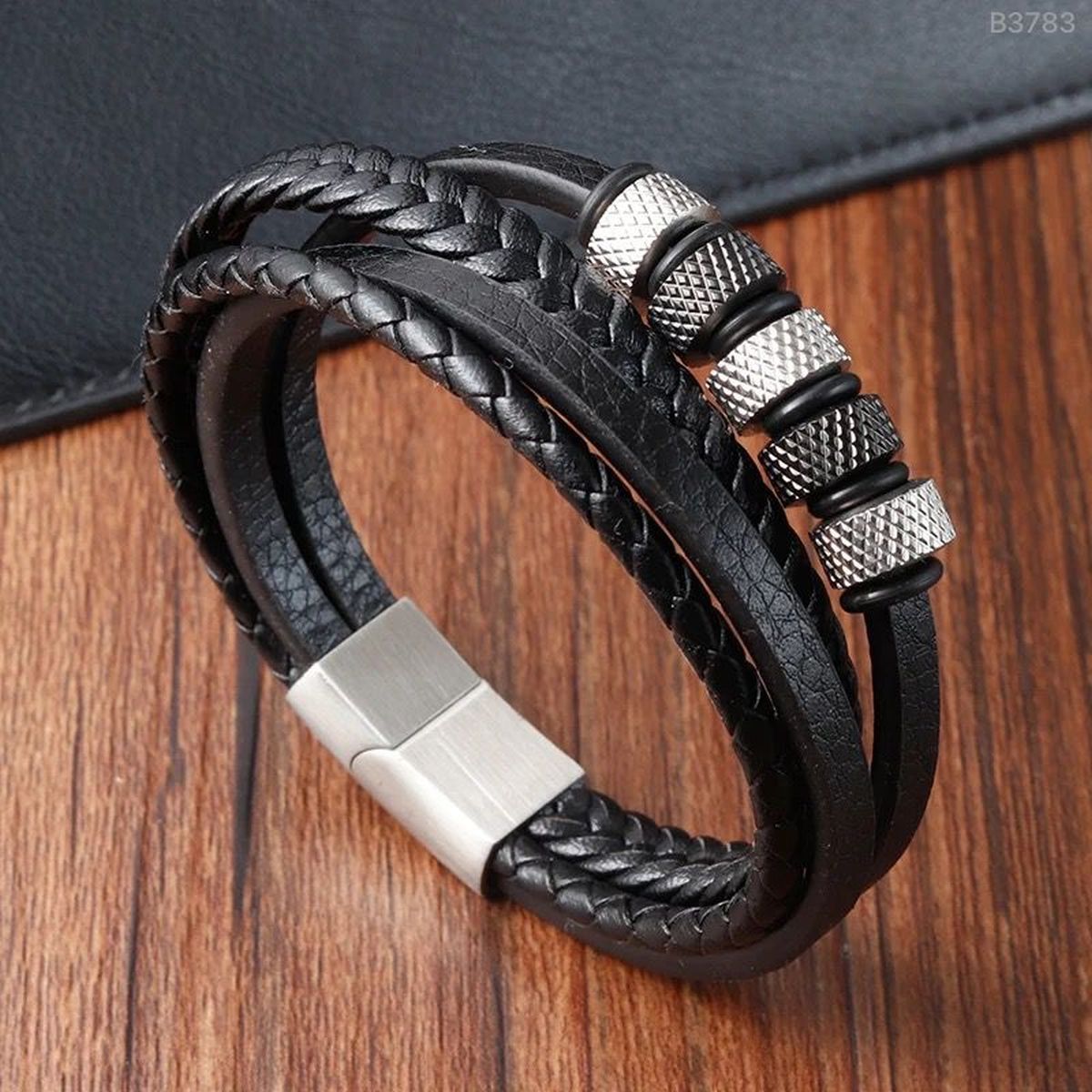 Multi-Layer Rope Ring Black Leather Stainless Steel Wrist Wrap Band Strand Bracelet For Men-Silver