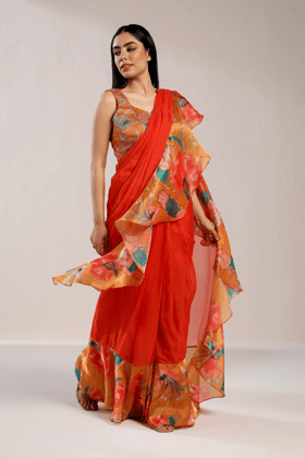 BURNT ORANGE FLORAL RUFFLE SAREE-XS
