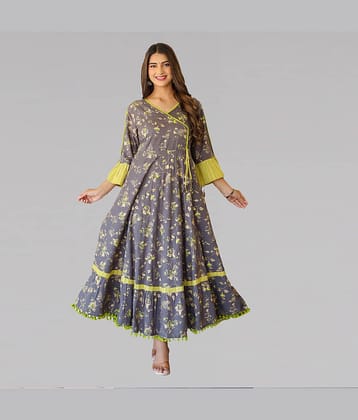 Yash Gallery Rayon Printed Anarkali Women's Kurti - Grey ( Pack of 1 )