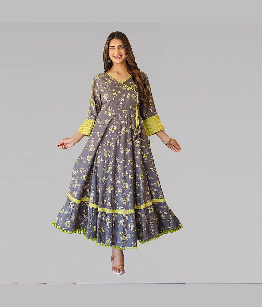 Yash Gallery Rayon Printed Anarkali Women's Kurti - Grey ( Pack of 1 )