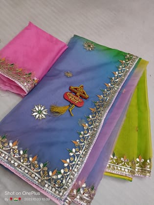 Pure Organza gota patti work saree-Blue green