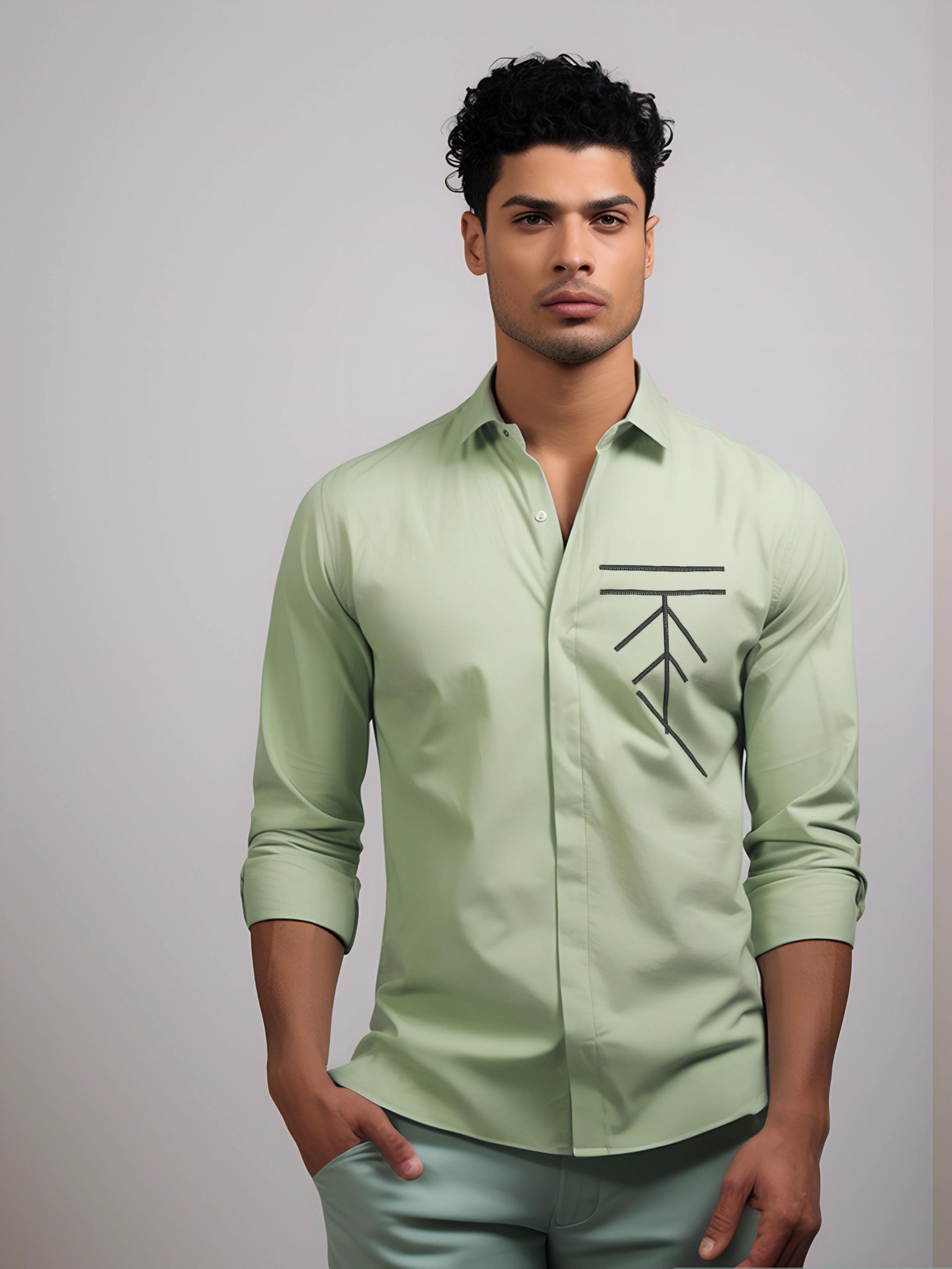 Green Geometric Embroidered Casual Shirt-PASTELGREEN / S
