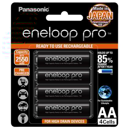 Panasonic eneloop Pro AA Ni-MH Rechargeable Battery with 2550 mAh Capacity - Pack of 4 - BK-3HCCE/4BN