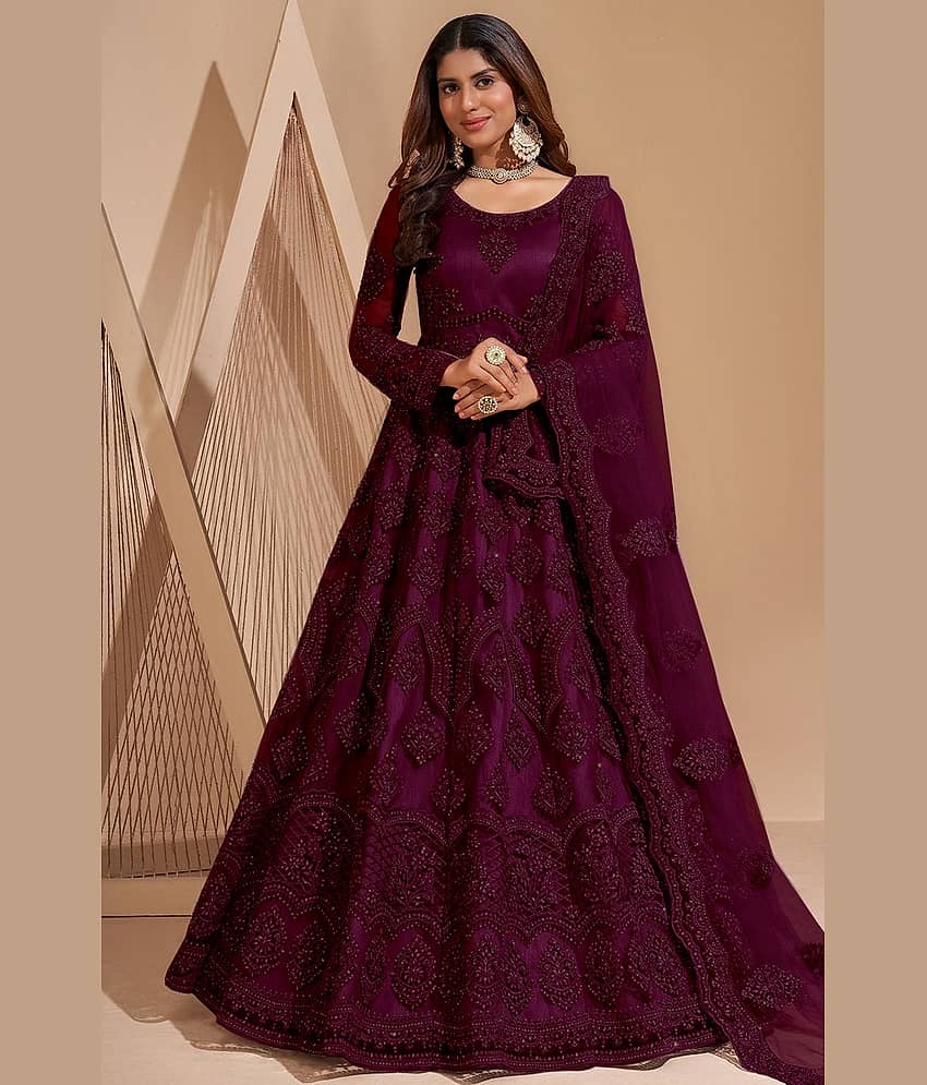 JULEE Peach Flared Net Women's Semi Stitched Ethnic Gown ( Pack of 1 )