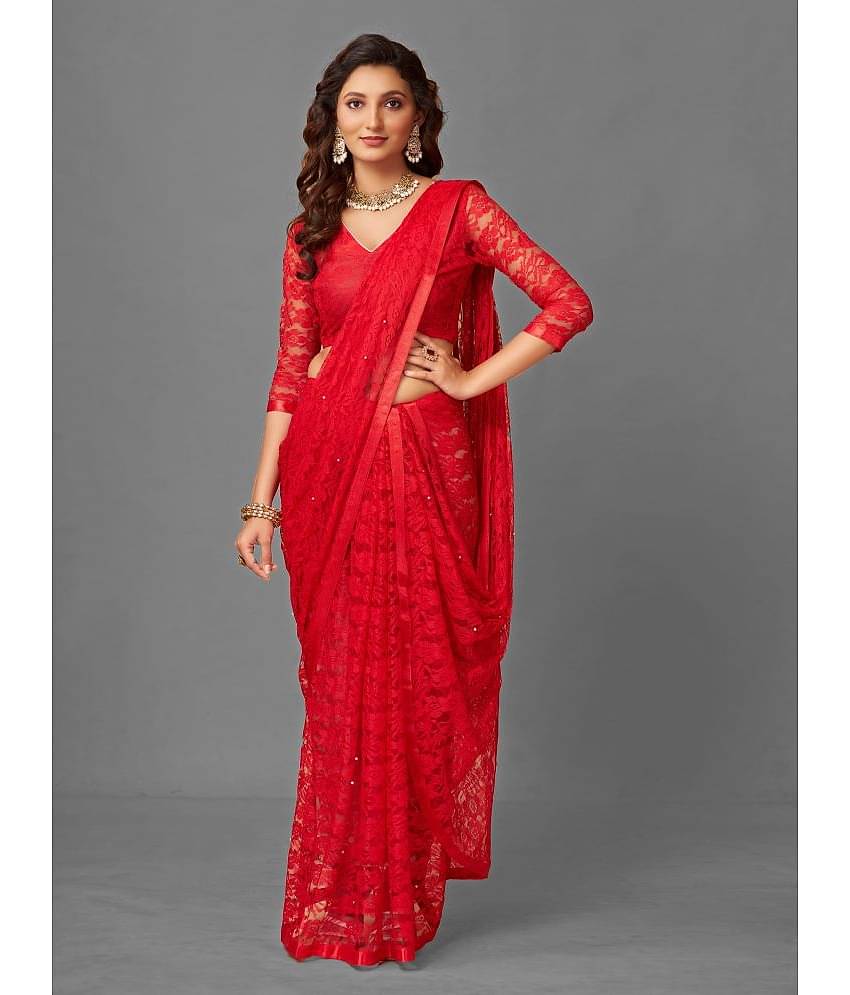 VANRAJ CREATION Brasso Self Design Saree With Unstitched Blouse Piece ( Red )