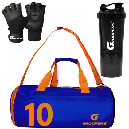 GROUPERS Combo Set of Duffle Polyester Bag with Shaker Bottle-500ml & GloveslSports & Travel Bag (Blue 10)
