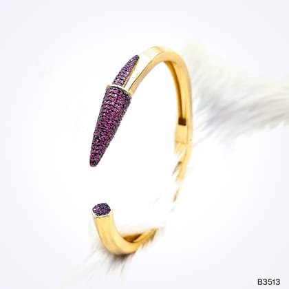 Dark Pink Nail 3D Cubic Zirconia Glossy 18K Gold Cuff Kada Bracelet For Women