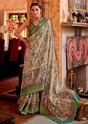 Safari Beige Madhubani Print soft silk saree