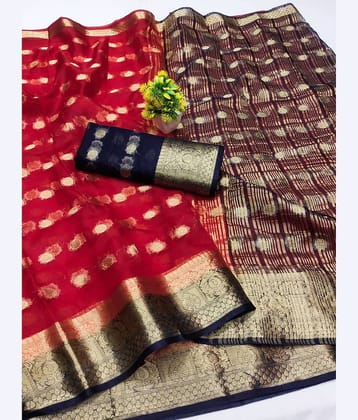 HEMA SILK MILLS Organza Embellished Regular Saree With Unstitched Blouse Piece ( Red )