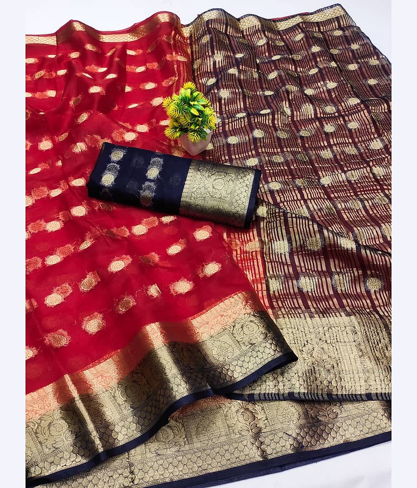 HEMA SILK MILLS Organza Embellished Regular Saree With Unstitched Blouse Piece ( Red )