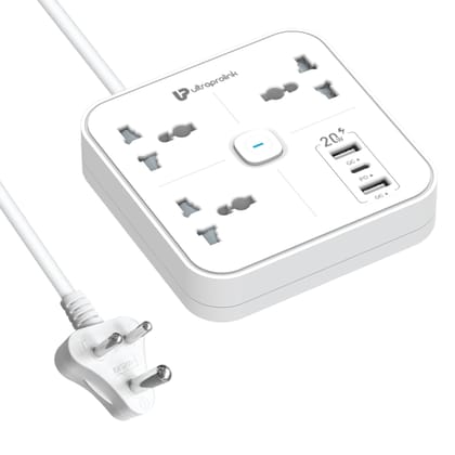 Surge Plate 20 - 6 in 1 Extension Board Power Strip Multi-Port| ISI Approved Heavy Duty Cable-2m| 6 Ports-1 Fast Charge Type-C(PD 20W) 2 USB-A Ports & 3 AC Sockets|Charges iPhones 50% in 30 mins UM1235WHT