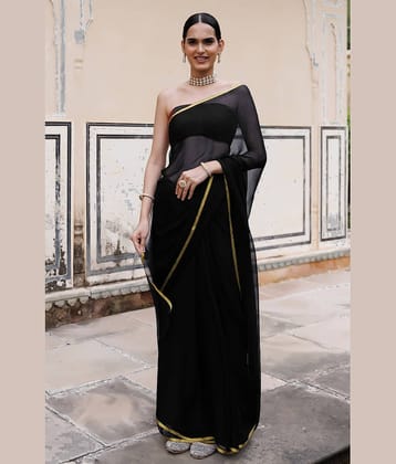clafoutis Chiffon Solid Regular Saree With Unstitched Blouse Piece ( Black )
