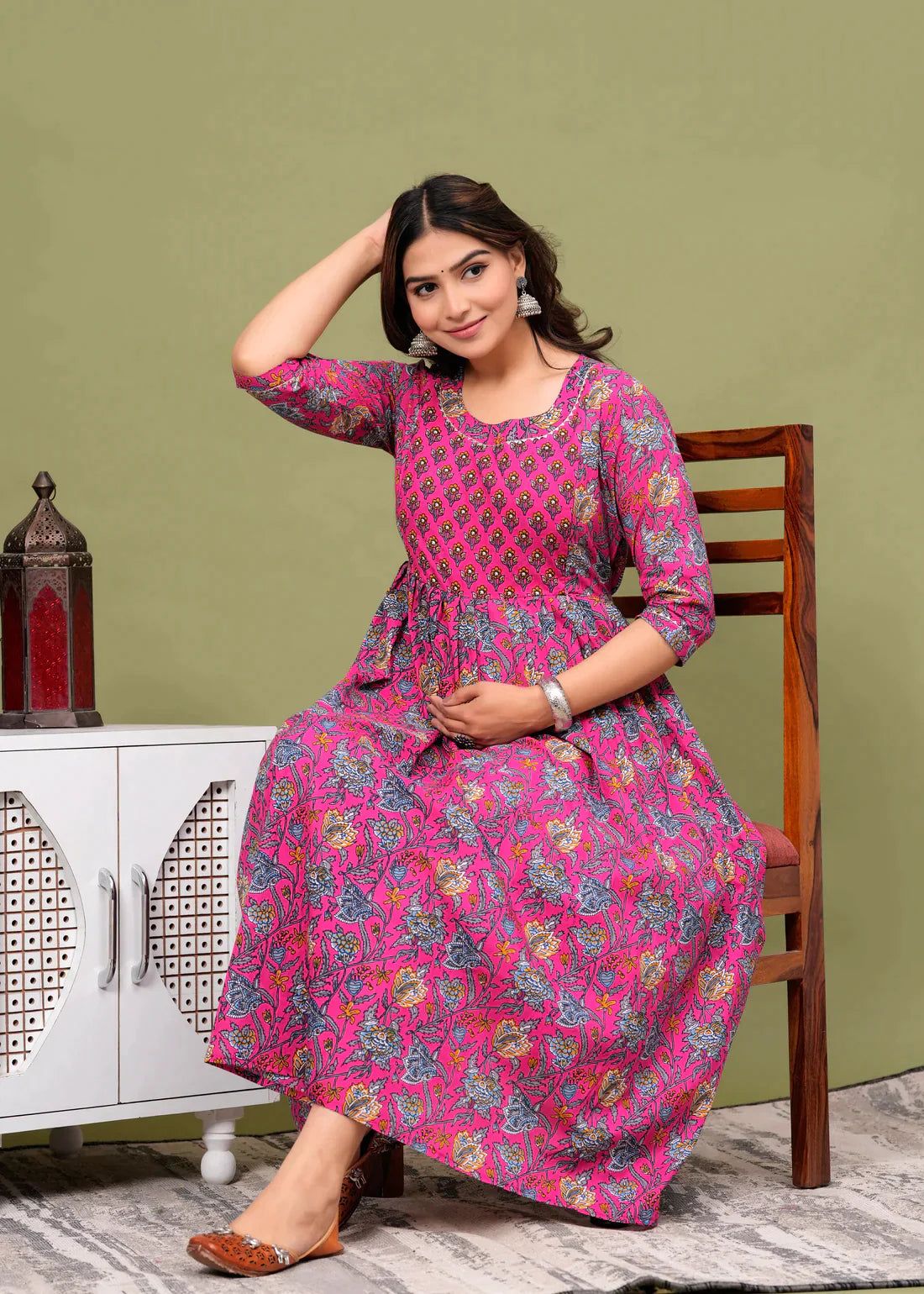 ComfyFeed Cambric Pure Cotton Maternity Cum Feeding Kurti(Pink)-M