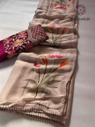 New Function Wear Hand brush Print n Foil Outerline Work Fancy Designer Saree With Hand Work Blouse-Beige