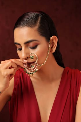 Devika Green and Red Pearl Nose Ring-Kundan
