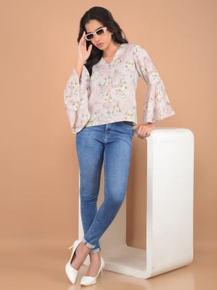 Pink Floral Print V-Neck Top-M / Pink