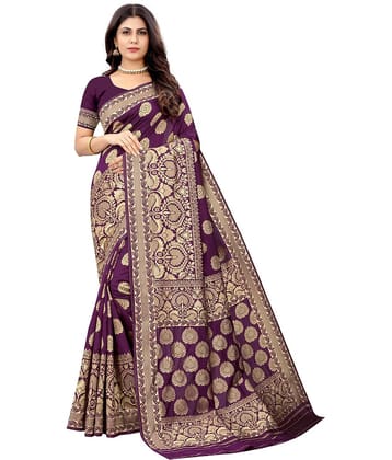 NENCY FASHION Banarasi Silk Self Design Saree With Unstitched Blouse Piece ( Magenta )