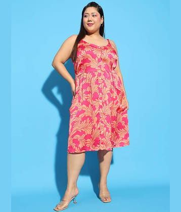 Oxolloxo Women Polyester Printed Fit & Flare Dress ( Pink )