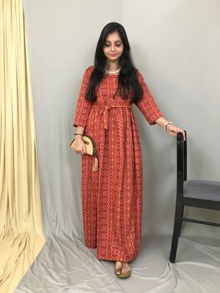 Patola Red Yellow - Maternity Kurti with Feeding Zips - Cotton Flex - Thicker Fabric-40 - 42 ( L - XL )
