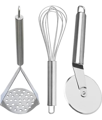 JISUN - Silver Stainless Steel Egg Whisk & Pizza Cutter & Potato Masher ( Set of 3 )