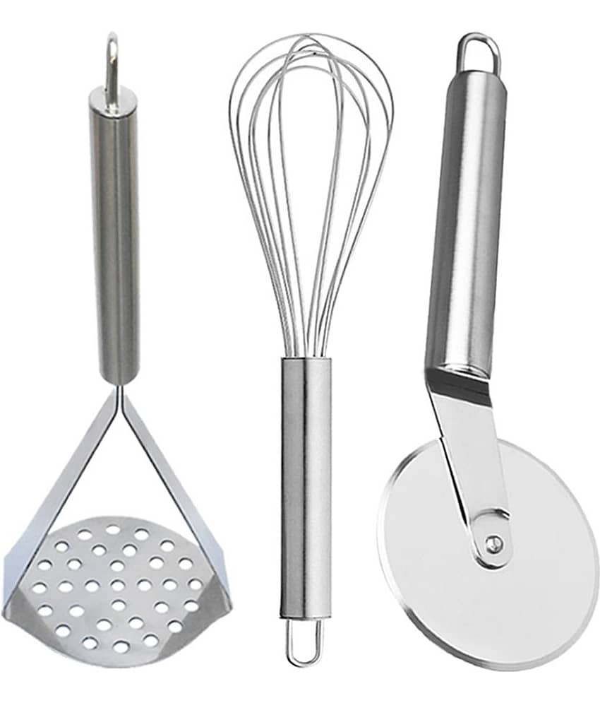 JISUN - Silver Stainless Steel Egg Whisk & Pizza Cutter & Potato Masher ( Set of 3 )