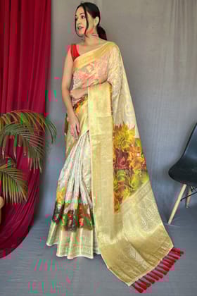Cashmere Beige Zari Woven Printed Silk Saree