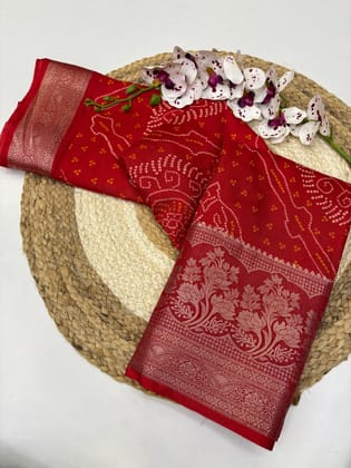 New Wedding Wear Dola Silk Bandhani Print Fancy Designer Saree Design-Red