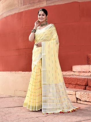 Yellow Pure Linen Ikkat Butti Weaving Saree