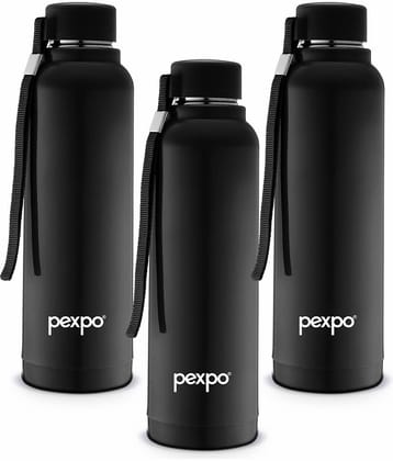 Pexpo - STEREO 900 PUF INSULATED STAINLESS STEEL BOTTLE Black School Water Bottle 700ML mL ( Set of 3 )